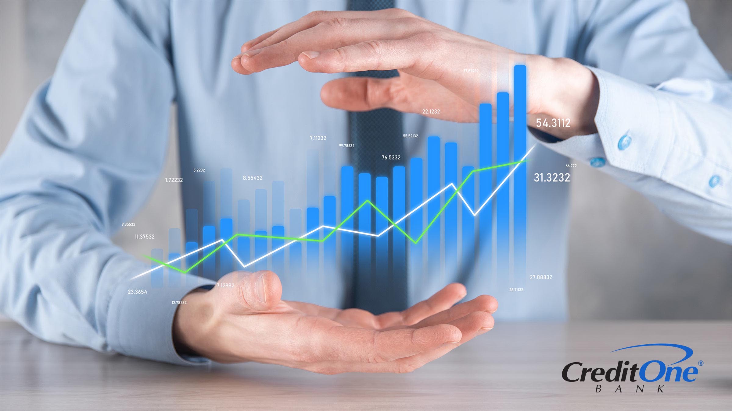 A businessman’s hands show an investment growth chart representing his profits, possibly made through high-yield CDs or bump-up CDs.